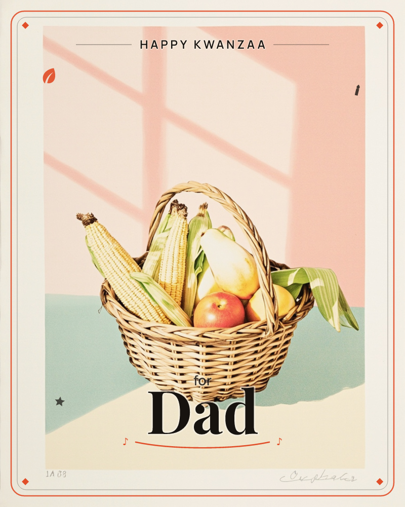 A woven wicker basket sits on a pale surface, filled with corn still in its husks, a pear, and a red apple, lit by a slanted window shadow that streaks…, a kwanzaa e-card design