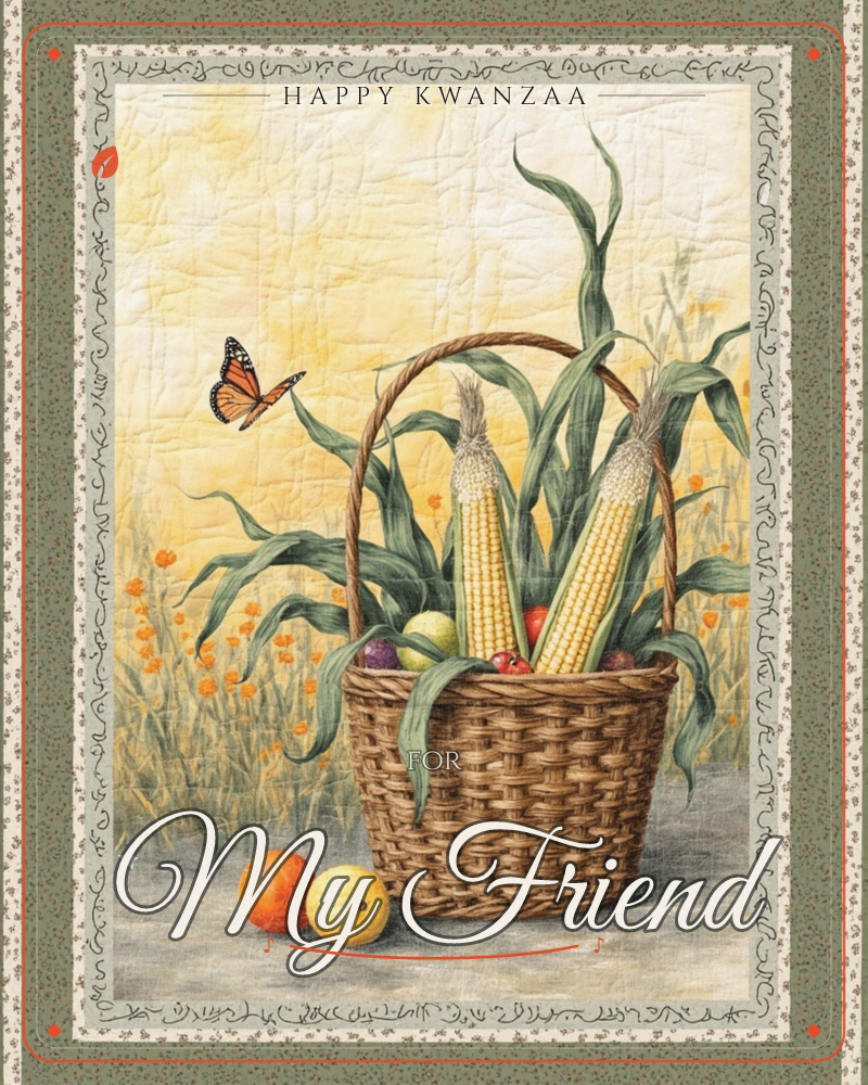 A woven basket sits in a golden field, filled with husked ears of corn, small apples, and dark plums, its long green leaves fanning upward, a kwanzaa e-card design