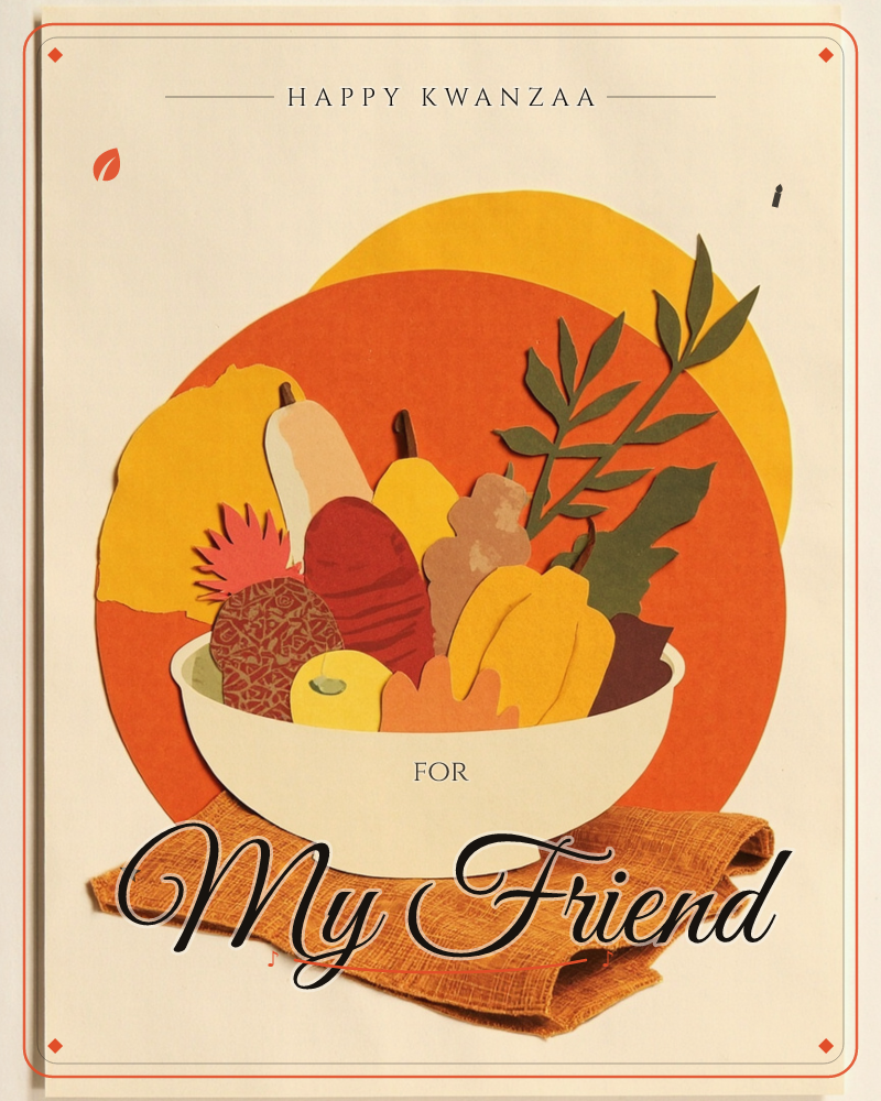 A cream bowl overflows with paper-cut fruit and squash shapes in warm autumn tones, set on a folded burlap cloth, a kwanzaa e-card design