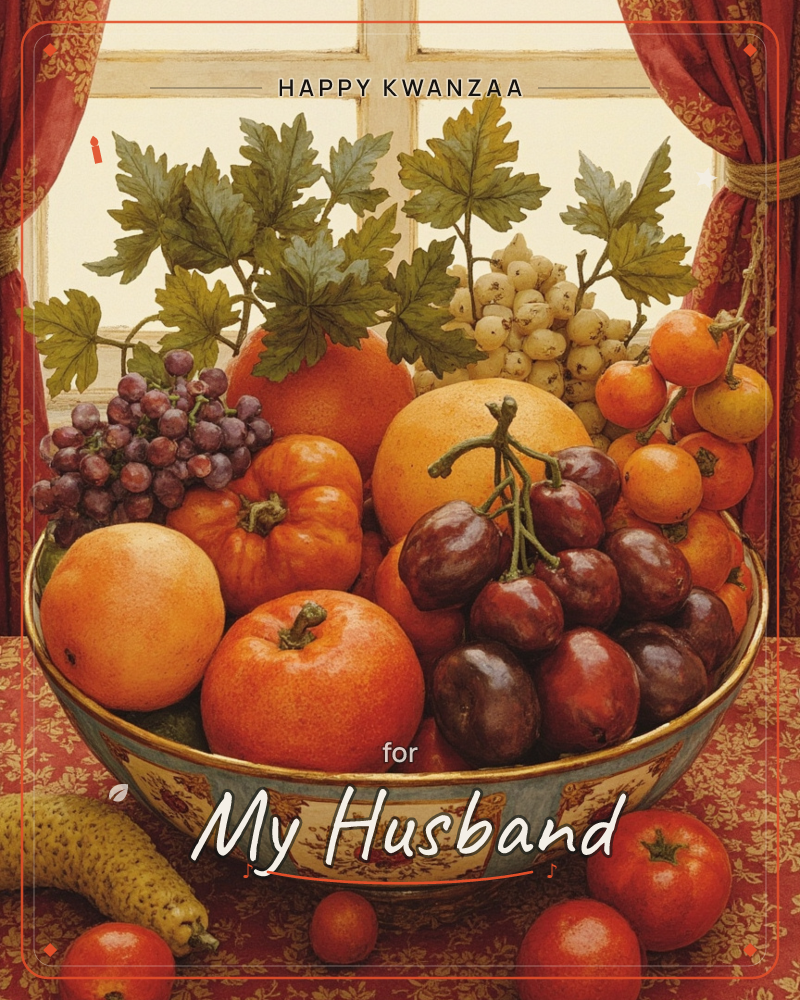 A porcelain bowl overflows with autumn fruit, oranges, plums, purple and pale grapes, tiny orange berries and leafy stems, set before a tall window…, a kwanzaa e-card design