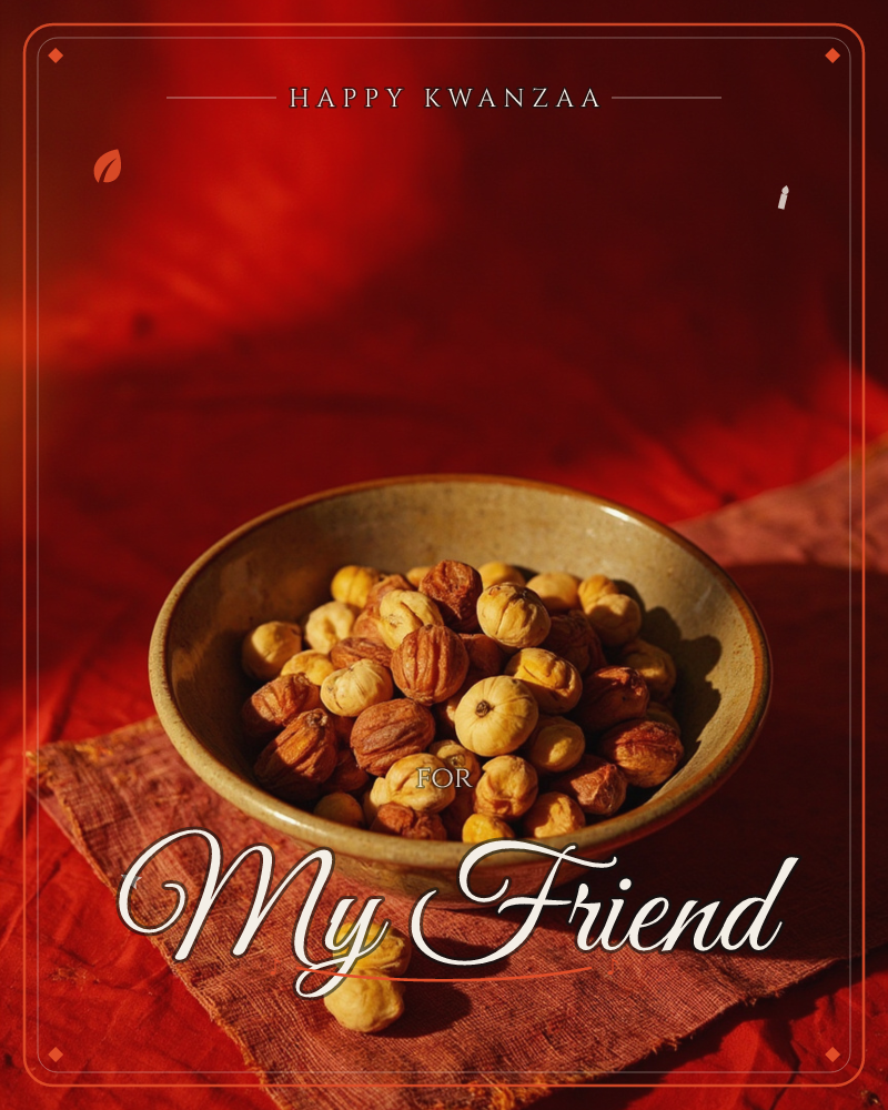 A stoneware bowl of shelled hazelnuts sits on a rumpled linen cloth, lit by a single warm shaft of light against a deep crimson backdrop, a kwanzaa e-card design