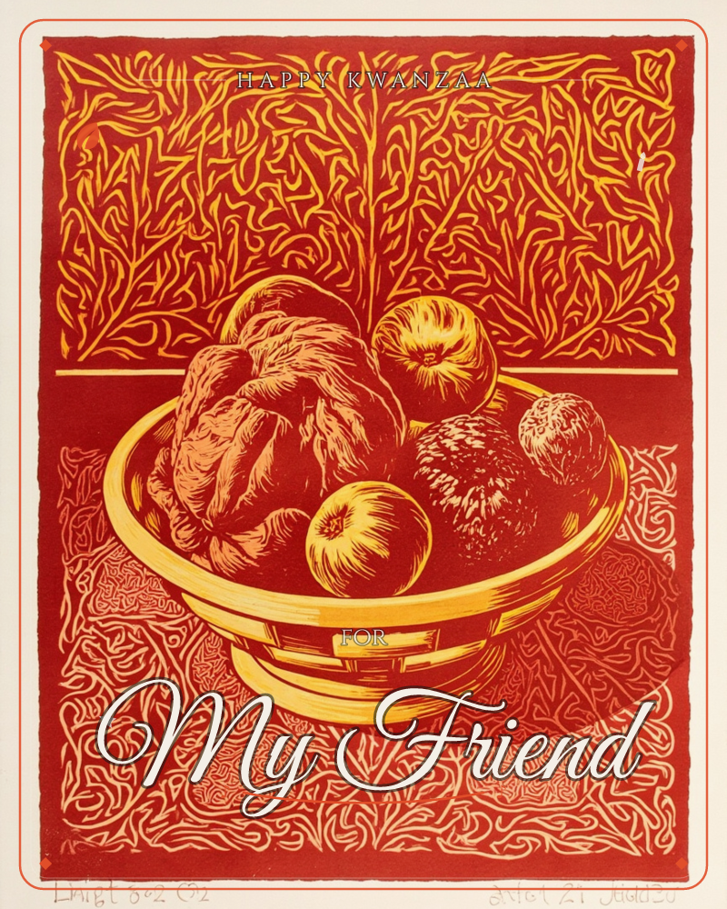 A woven bowl piled with round fruits and a knobbly gourd sits against a deep red background, all rendered in bold linocut lines of gold and rust, a kwanzaa e-card design