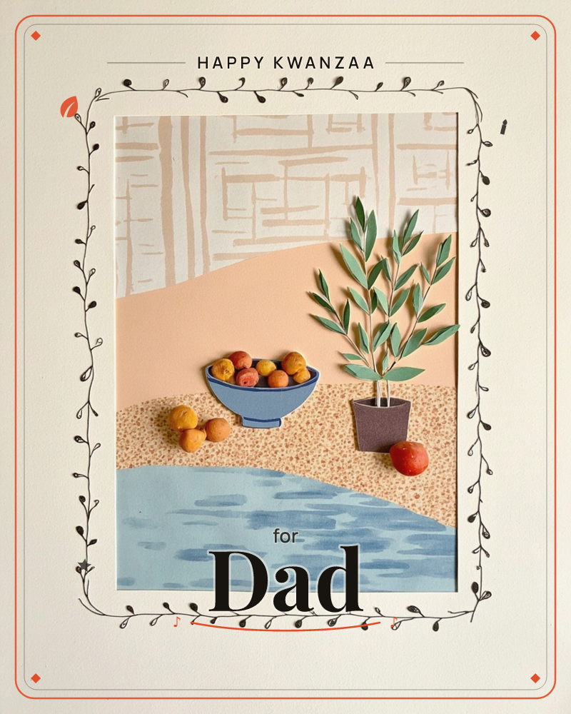 A layered paper-craft still life shows a blue bowl heaped with peaches and apricots, a scattering of loose fruit on sandy ground, and a small potted…, a kwanzaa e-card design