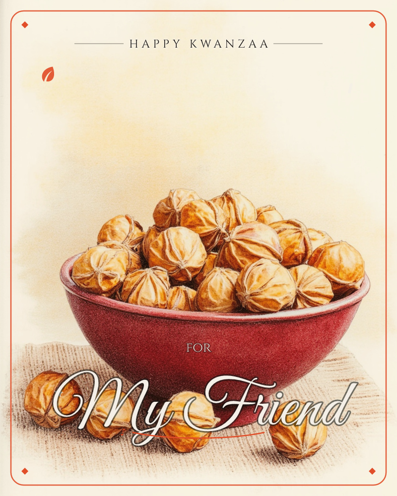 A red ceramic bowl sits piled high with papery, ribbed husks that look like dried physalis or tiny wrapped bulbs, a few having tumbled loose onto the…, a kwanzaa e-card design