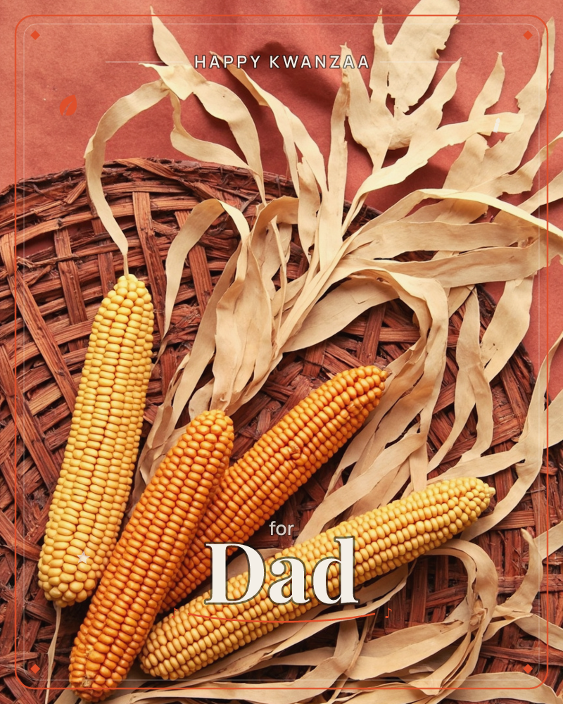 Four husked corn cobs, ranging from pale gold to deep orange-red, rest fanned out on a woven wicker tray with dried, curling husk leaves splayed above…, a kwanzaa e-card design