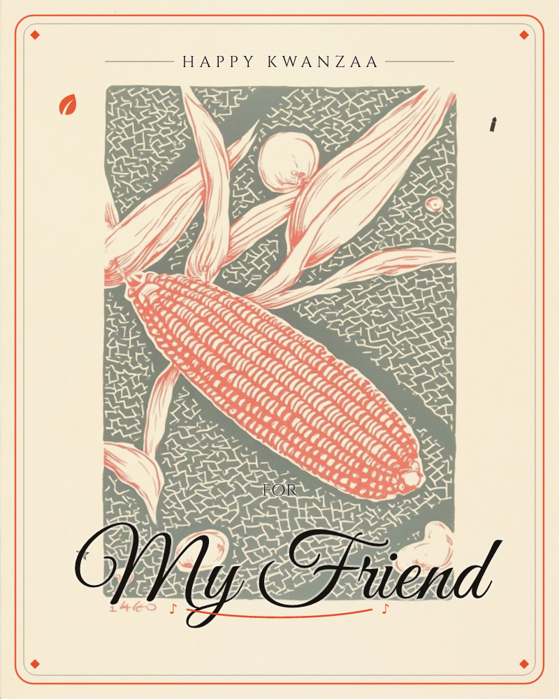 A single ear of corn lies diagonally across a dark slate-green rectangle, its husk peeling back in curling leaves, a kwanzaa e-card design