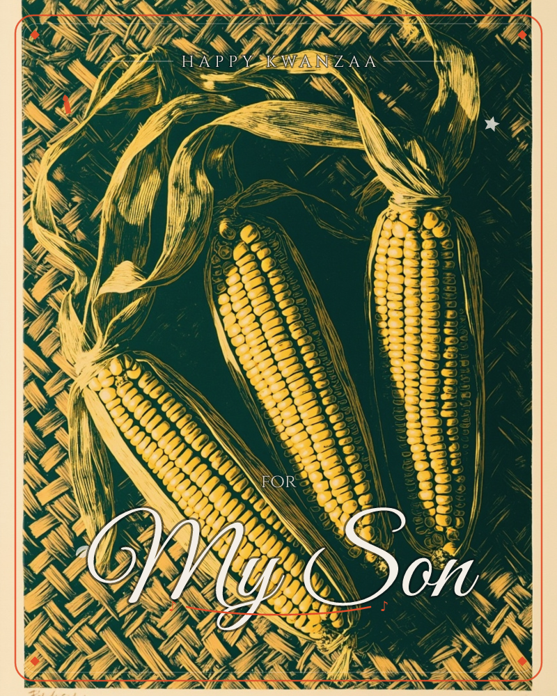 Three ears of corn lie together on a woven basket-weave surface, husks peeled back and curling around the kernels, a kwanzaa e-card design