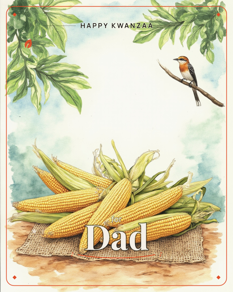 A pile of freshly husked corn cobs rests on a burlap cloth, their golden kernels bright against pale green leaves and dried silk, a kwanzaa e-card design
