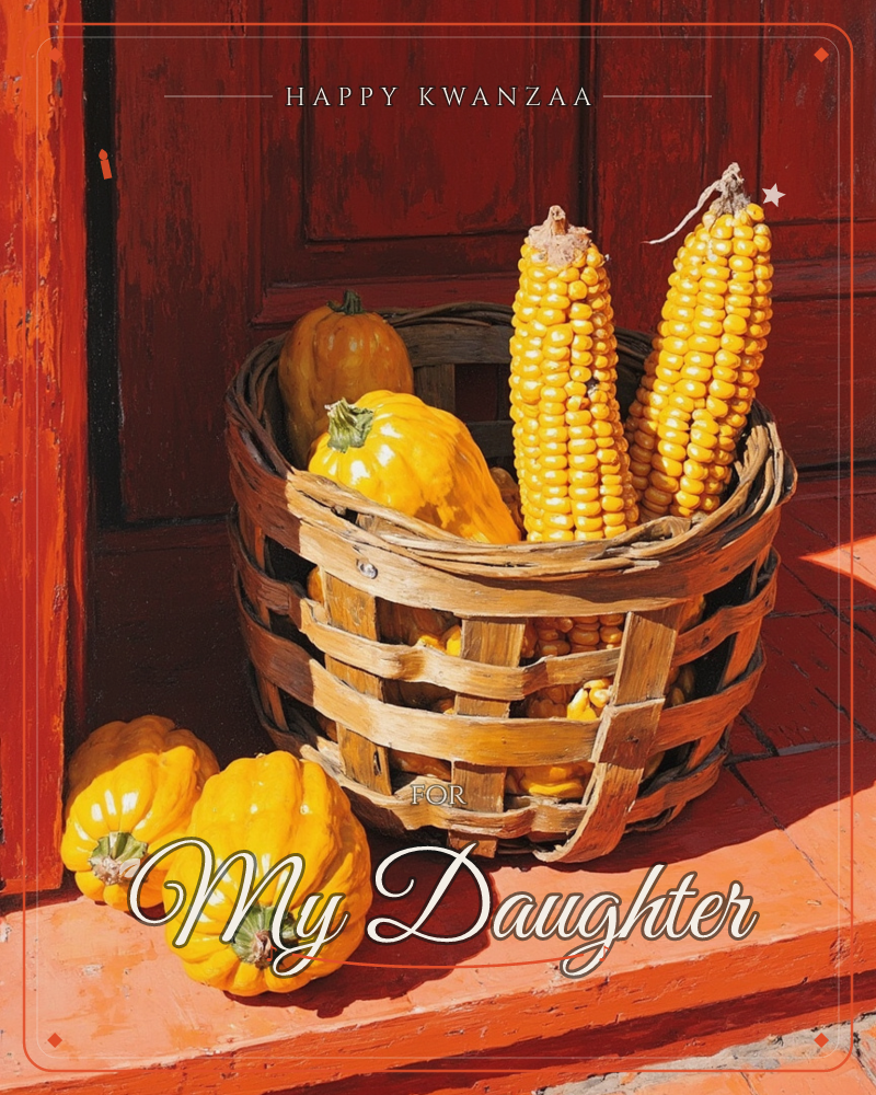 A woven wooden basket sits on a red brick step against a weathered barn-red door, filled with dried corn cobs and golden pattypan squash, a kwanzaa e-card design
