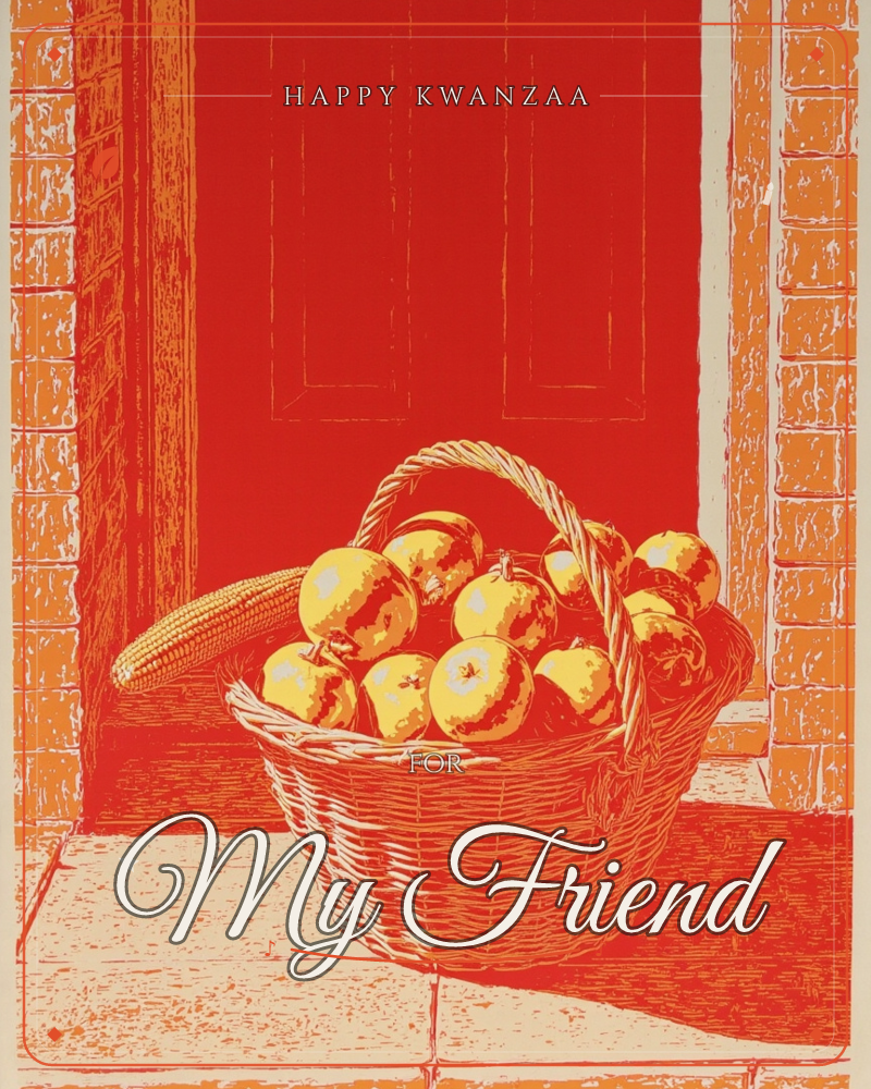 A woven basket brims with golden apples and a corn cob, left waiting on a brick doorstep before a bright red panelled door, a kwanzaa e-card design