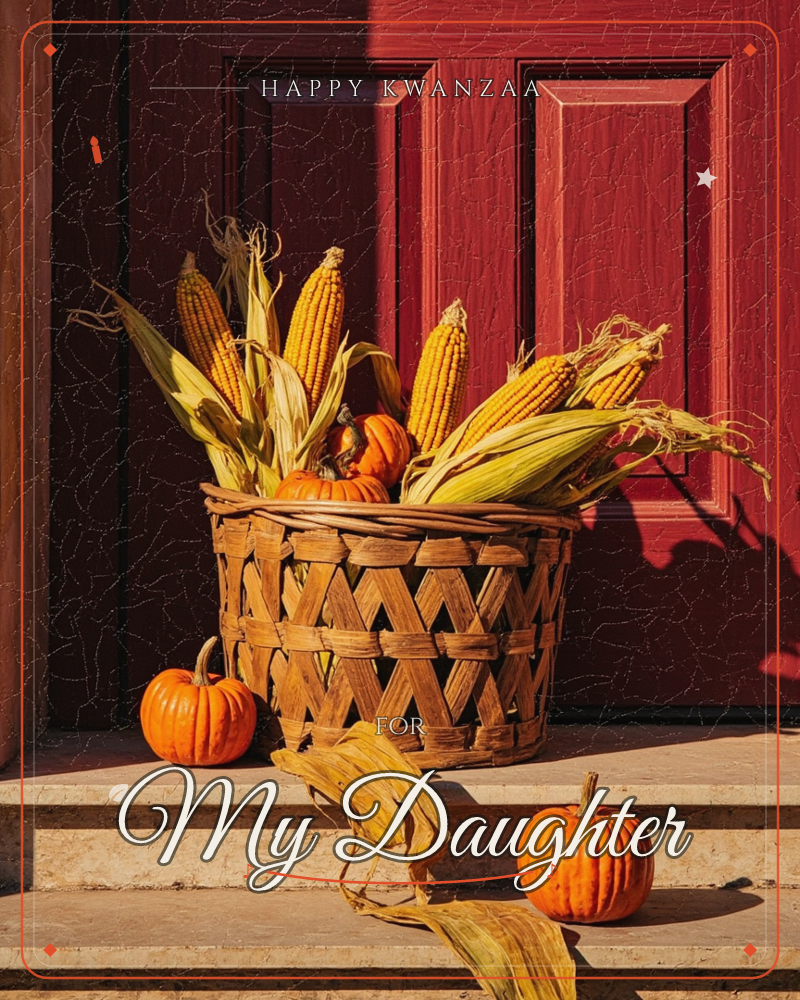 A woven basket overflowing with dried corn cobs and husks sits on a stone step in front of a deep red panelled door, small pumpkins scattered around…, a kwanzaa e-card design