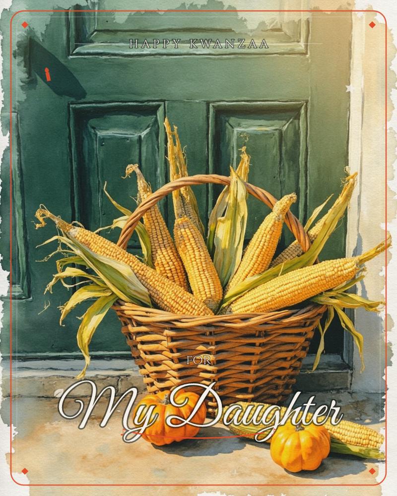 A woven wicker basket brimming with dried corn cobs and papery husks sits on a stone step before a weathered green paneled door, a kwanzaa e-card design