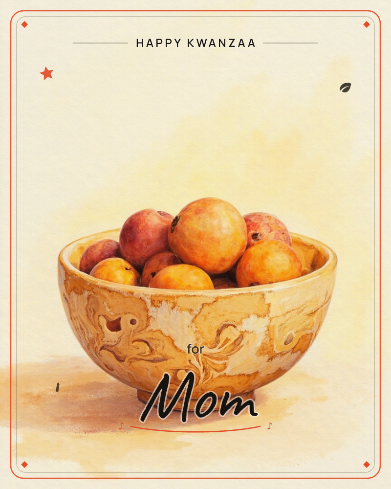 A weathered ceramic bowl with a carved, scrolling pattern sits piled high with ripe apples or peaches, their skins a warm blush of gold and rose, a kwanzaa e-card design