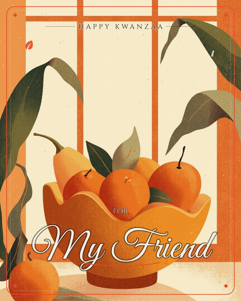 A scalloped-edge bowl sits piled with oranges and a single pear on a windowsill, framed by long trailing leaves on either side, a kwanzaa e-card design