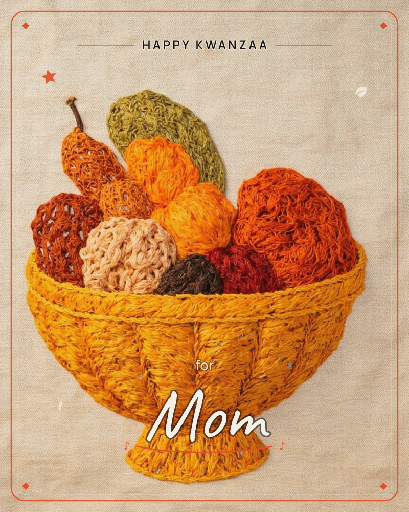 A pedestal bowl woven from crocheted yarn holds a still life of fruit, each piece stitched from a different textured wool in autumn shades, a kwanzaa e-card design