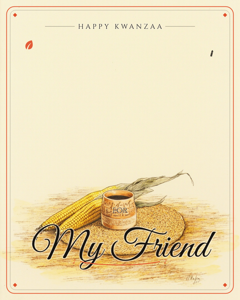A pair of ripe corn cobs rests against a small clay pot etched with geometric patterns, the whole arrangement set on a woven straw mat, a kwanzaa e-card design
