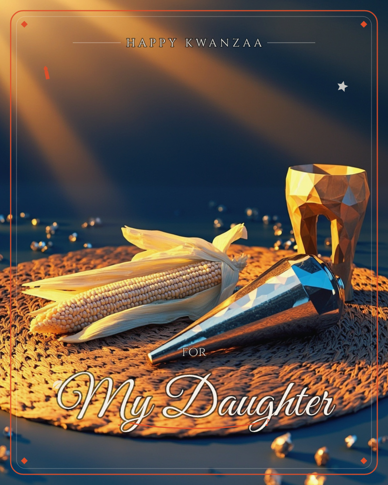 An ear of corn with its husk peeled back rests on a woven straw mat beside a faceted metallic cornucopia and a low-poly golden cup, all lit by dramatic…, a kwanzaa e-card design