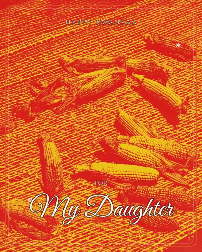 A scattering of husked corn cobs lies across a woven textured surface, the whole image drenched in a high-contrast wash of fiery red and gold, a kwanzaa e-card design