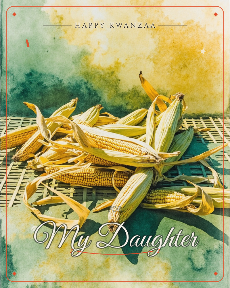 A heap of freshly husked corn cobs lies piled on a woven bamboo mat, their pale golden kernels catching warm light while dried husks curl outward, a kwanzaa e-card design