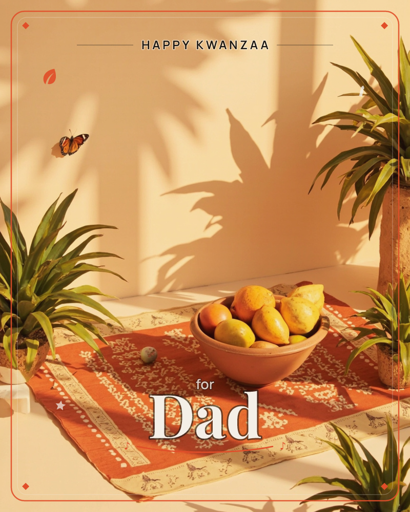 A terracotta bowl of lemons and limes sits on a rust-orange patterned cloth, surrounded by spiky potted plants casting long shadows across a warm peach…, a kwanzaa e-card design