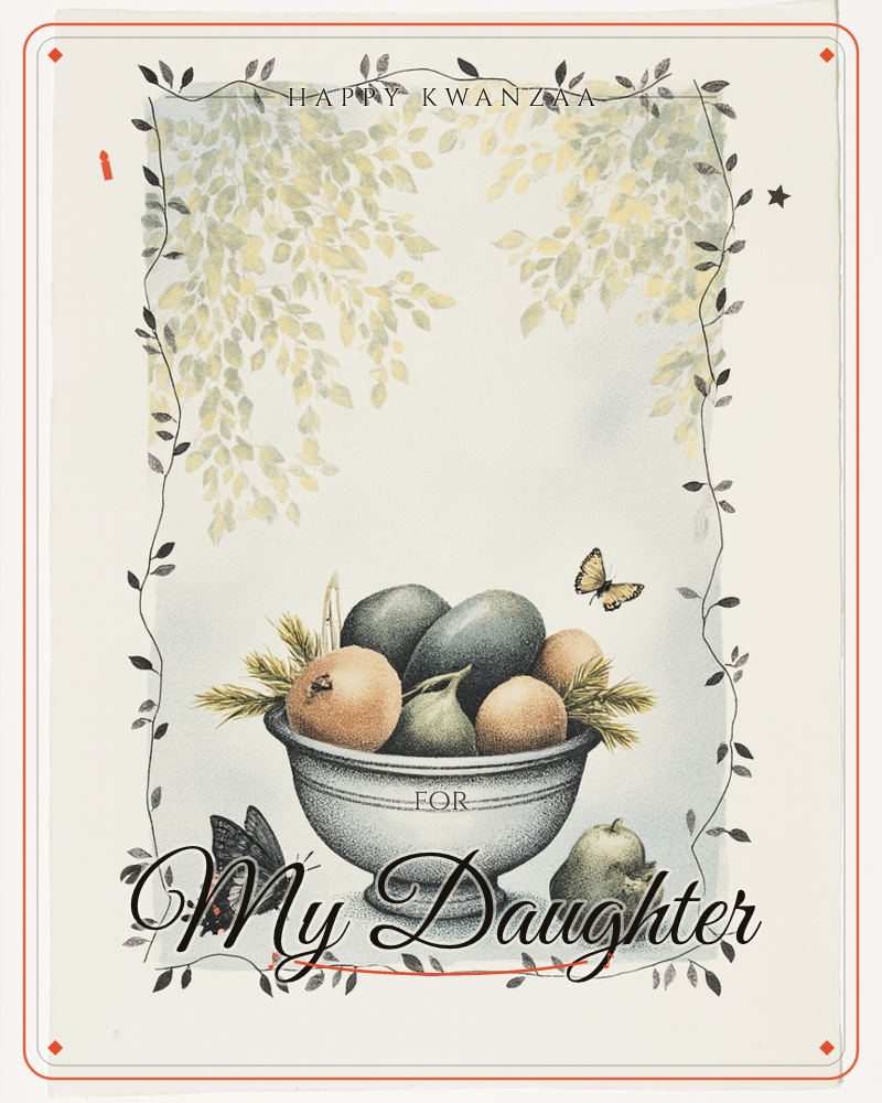 A stone-grey pedestal bowl holds a still-life of plums, peaches and a pear tucked among slender wheat sprigs, with one apple sitting apart on the ground, a kwanzaa e-card design