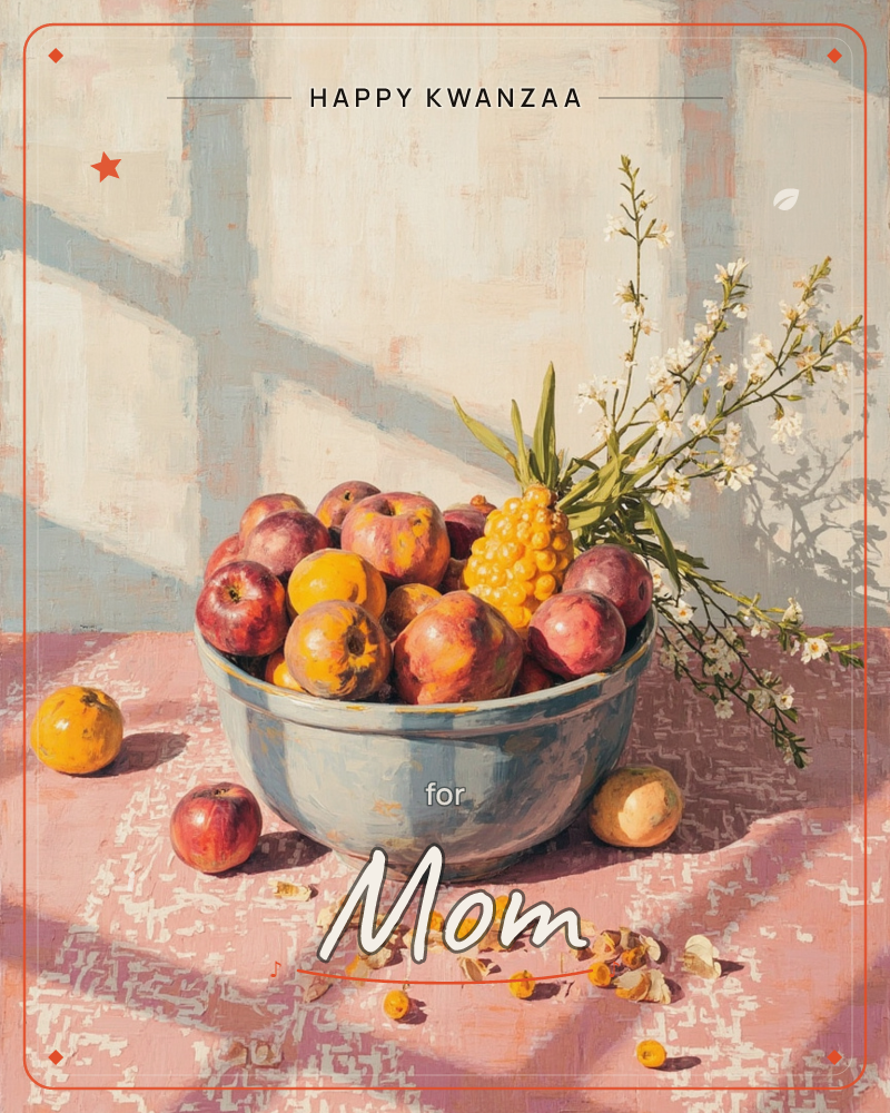 A pale blue bowl heaped with apples, small citrus, and a cluster of golden berries sits on a dusty pink cloth, with a spray of white blossom leaning…, a kwanzaa e-card design