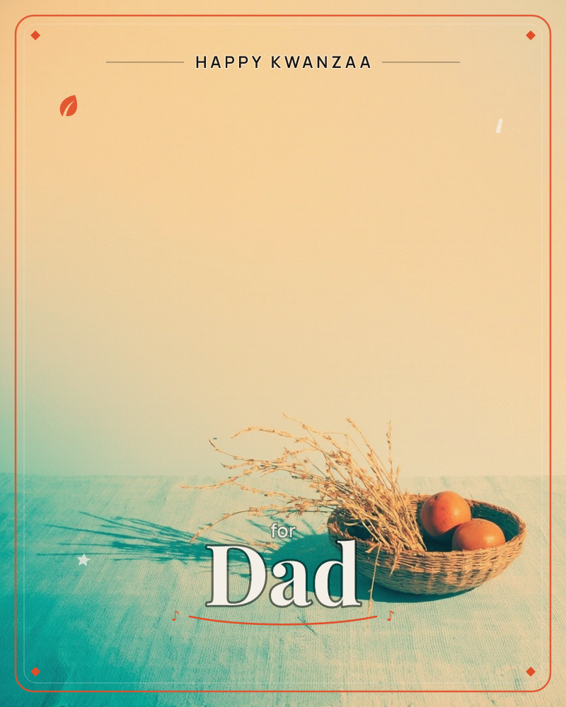 A small woven basket holding two ripe persimmons and a spray of dried grasses sits on a teal woven mat, casting a long shadow under warm side light, a kwanzaa e-card design