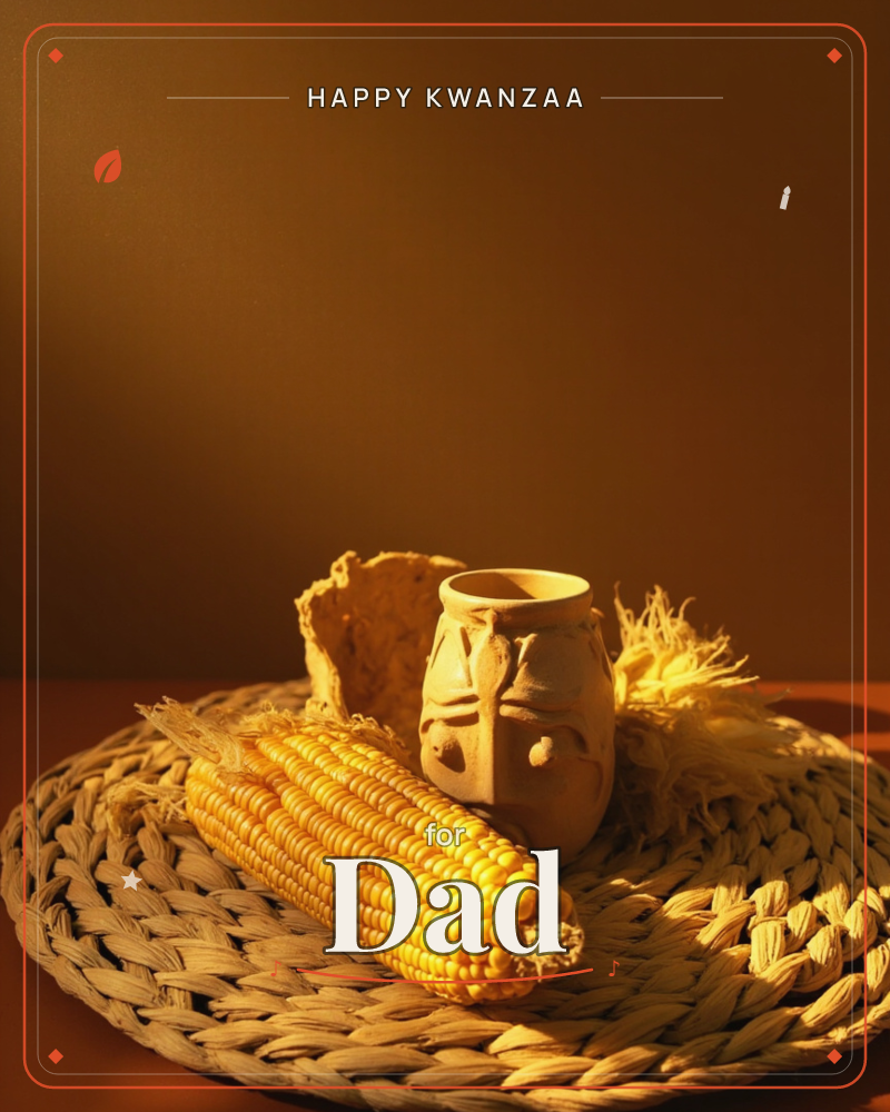 A still-life arrangement rests on a woven straw mat against a deep amber-brown backdrop: an ear of corn still in its husk lies beside a small carved…, a kwanzaa e-card design