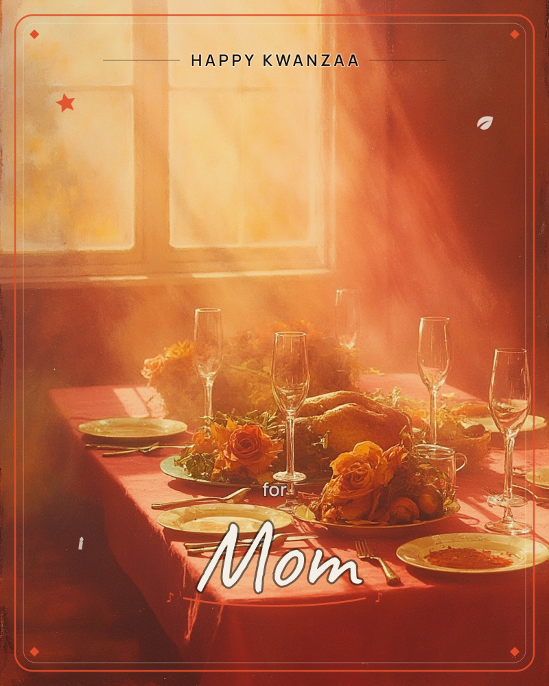 A holiday dinner table is set in golden, hazy light streaming through a tall window, with a roasted bird at the centre surrounded by orange roses and…, a kwanzaa e-card design