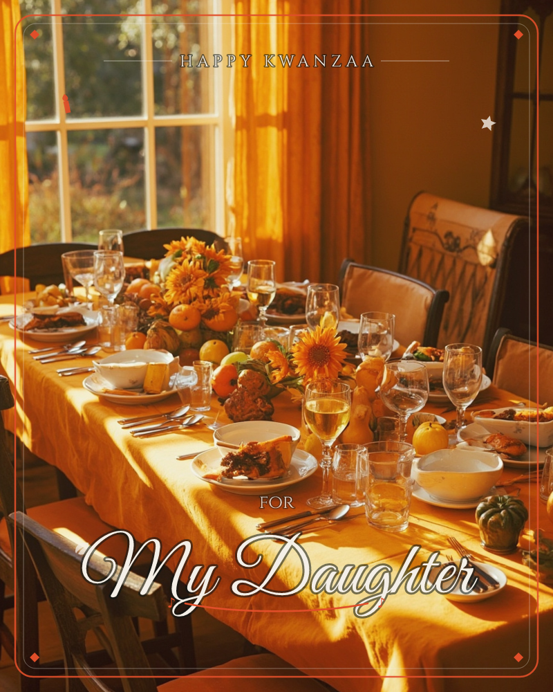 A long dining table is dressed in a golden-yellow linen cloth and set for a festive autumn feast, with sunflowers, small pumpkins and gourds scattered…, a kwanzaa e-card design