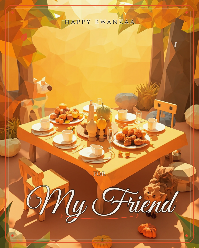 A low-poly forest clearing glows amber as a table is laid for an autumn feast, set with plates of roasted food, glasses, pumpkins, and gourds, a kwanzaa e-card design