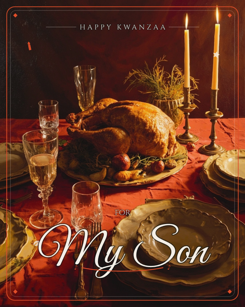 A roasted turkey sits at the centre of a richly set table, surrounded by roasted potatoes, sprigs of herbs, gleaming glassware and gold-rimmed china, a kwanzaa e-card design