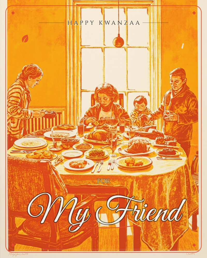 A family gathers around a table piled high with a festive spread, roast meat, puddings, dishes of vegetables, bathed in a warm amber-orange glow from…, a kwanzaa e-card design