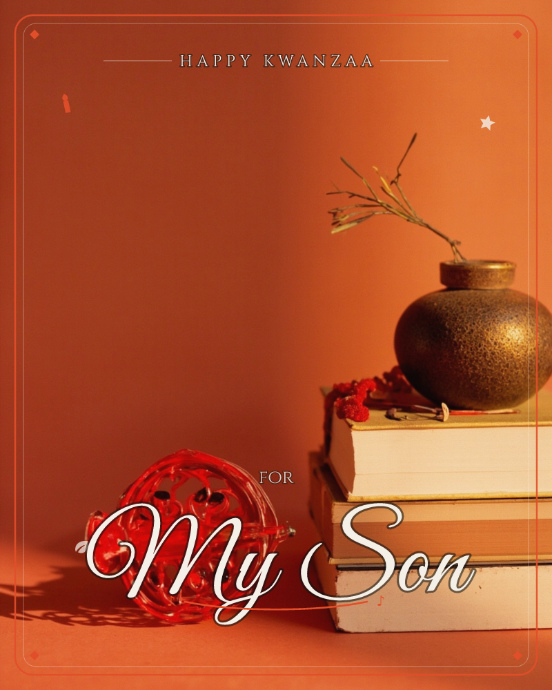 A moody still life glows in warm amber and rust tones: a stack of worn books topped with a round bronze-glazed vase holding a few bare, delicate twigs…, a kwanzaa e-card design