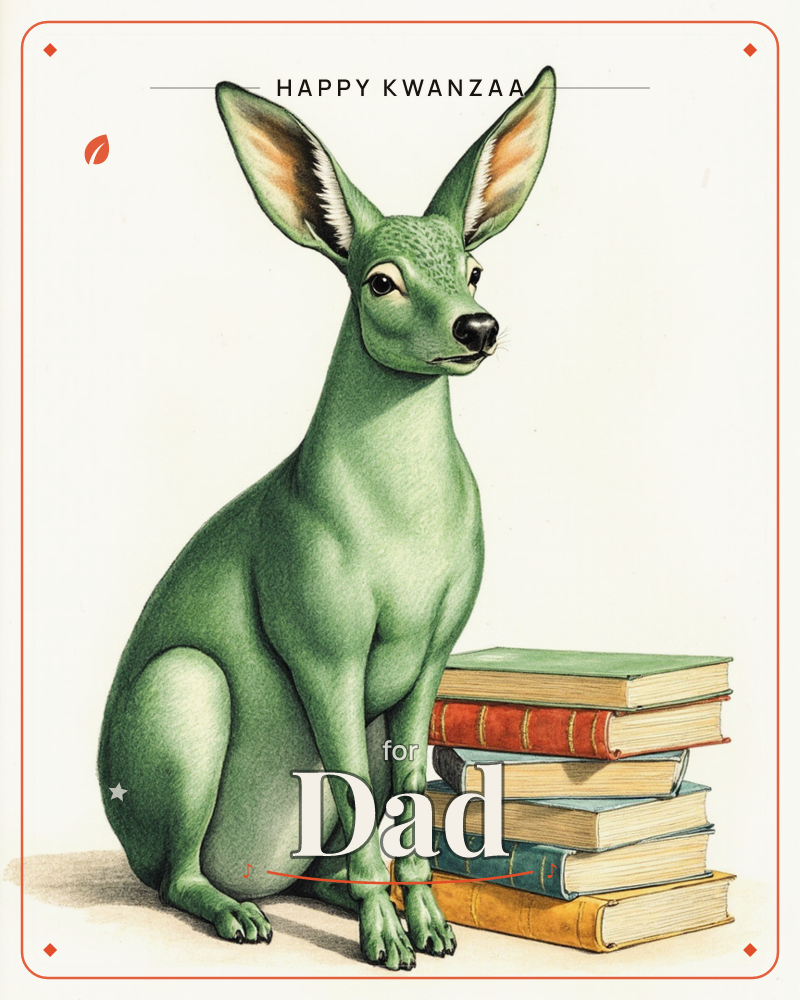 A whimsical green-furred creature with tall, richly shaded ears sits upright beside a leaning stack of old hardback books, its long snout and gentle…, a kwanzaa e-card design