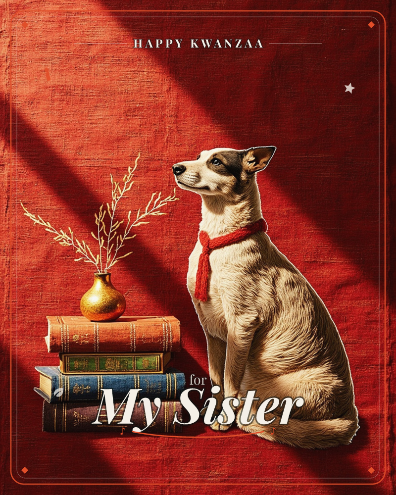 A small terrier sits alert against a deep red woven backdrop, a knitted red scarf looped around its neck, its gaze lifted toward a diagonal shaft of light, a kwanzaa e-card design