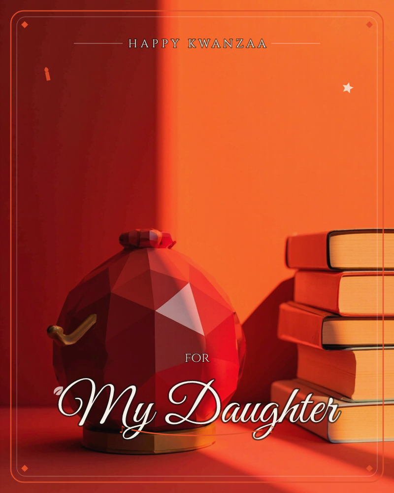 A faceted, low-poly red apple with a curled golden stem sits beside a stacked pile of hardcover books, all bathed in a warm orange glow with a sharp…, a kwanzaa e-card design