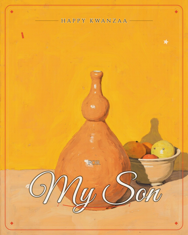 A tall terracotta gourd-shaped vase sits beside a bowl of citrus fruit on a plain tabletop, set against a glowing mustard-yellow wall, a kwanzaa e-card design