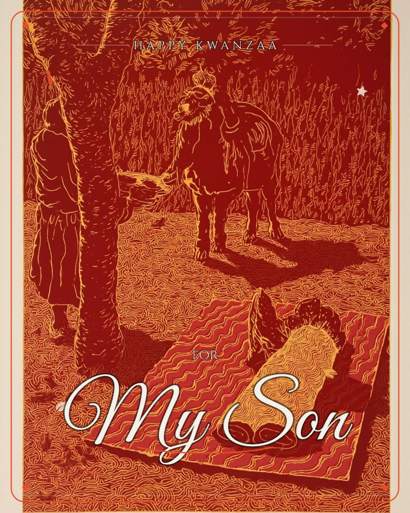 A monochrome red-and-gold woodcut-style scene shows a robed figure standing beside a tree, a saddled horse waiting nearby, and someone lying wrapped in…, a kwanzaa e-card design