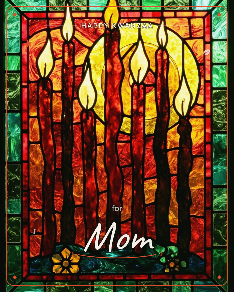 A stained-glass window design shows a cluster of tall red candles glowing against a fiery golden sun, all framed by panels of textured emerald and…, a kwanzaa e-card design