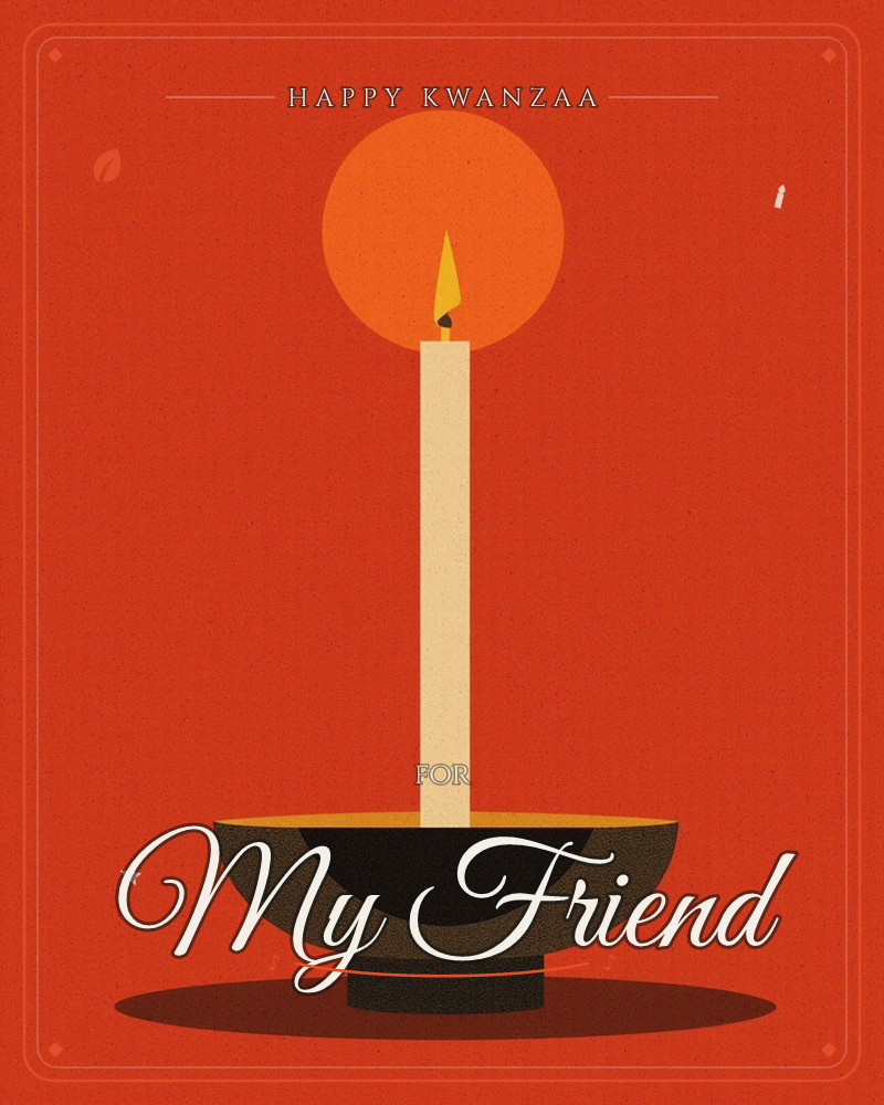 A single tall candle stands in a dark, rounded holder against a deep red background, its flame haloed by a glowing orange disc like a small sun behind it, a kwanzaa e-card design