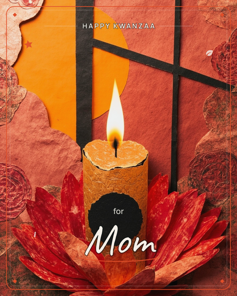 A single golden candle burns bright against a warm collage of textured paper, its flame set before a glowing sun-like circle crossed by dark…, a kwanzaa e-card design