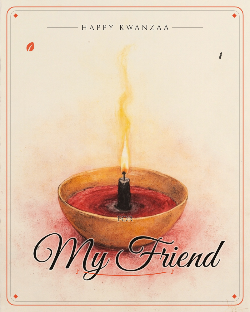 A single candle burns in a wide clay bowl of melted red wax, its tall golden flame rising against a soft, glowing cream background that fades to shadow…, a kwanzaa e-card design