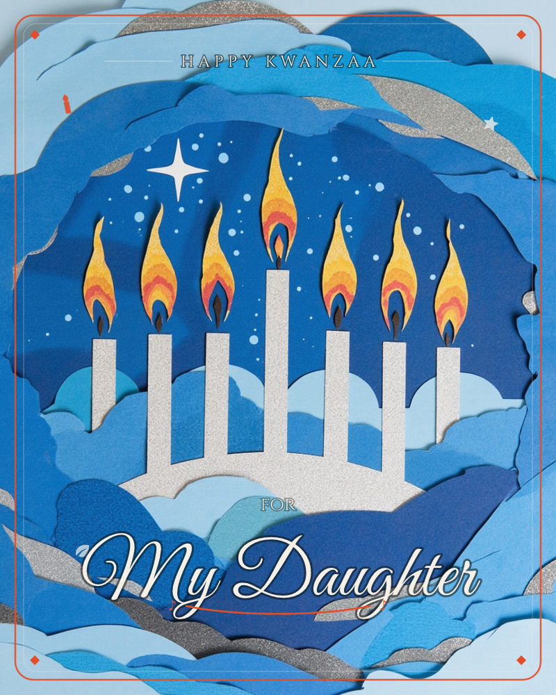 A seven-branched menorah stands lit against a deep midnight-blue sky, its layered paper flames glowing orange and yellow above white candle stems, a kwanzaa e-card design