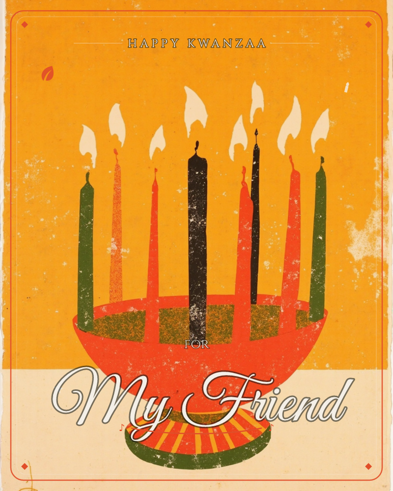A kinara holds seven lit candles in green, black and red, rising from a red footed bowl against a mustard-yellow, textured background, a kwanzaa e-card design