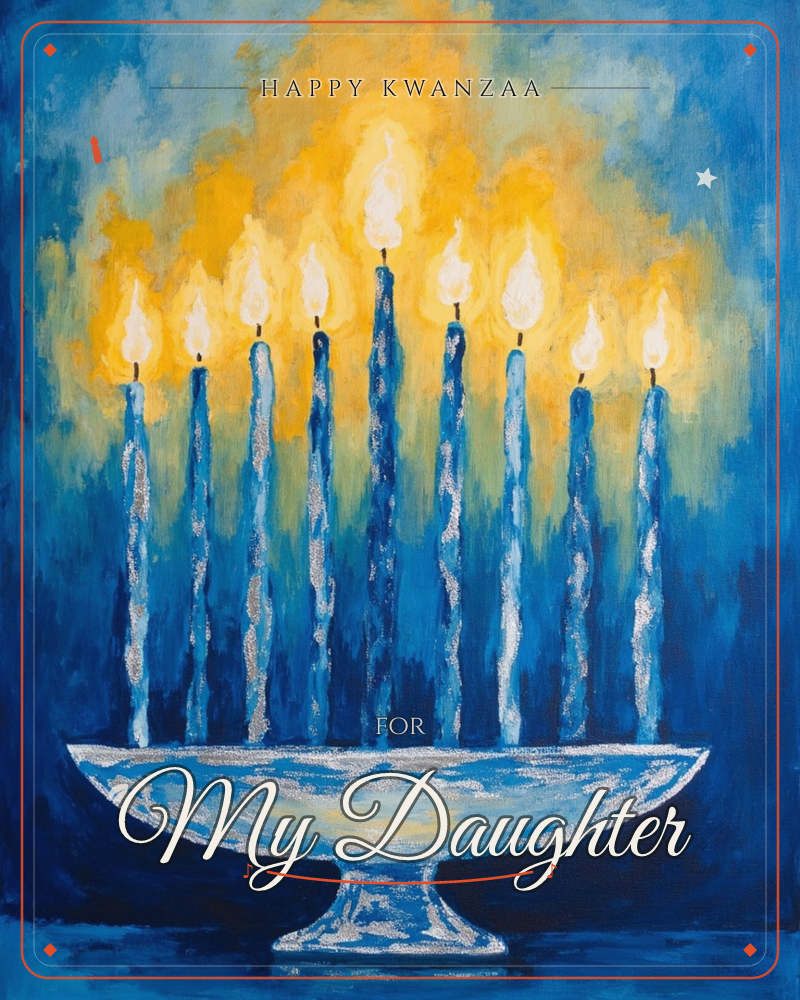 Nine tall blue candles stand in a pale footed dish, each topped with a bright golden flame that blooms into a warm glow against a deep blue painted…, a kwanzaa e-card design