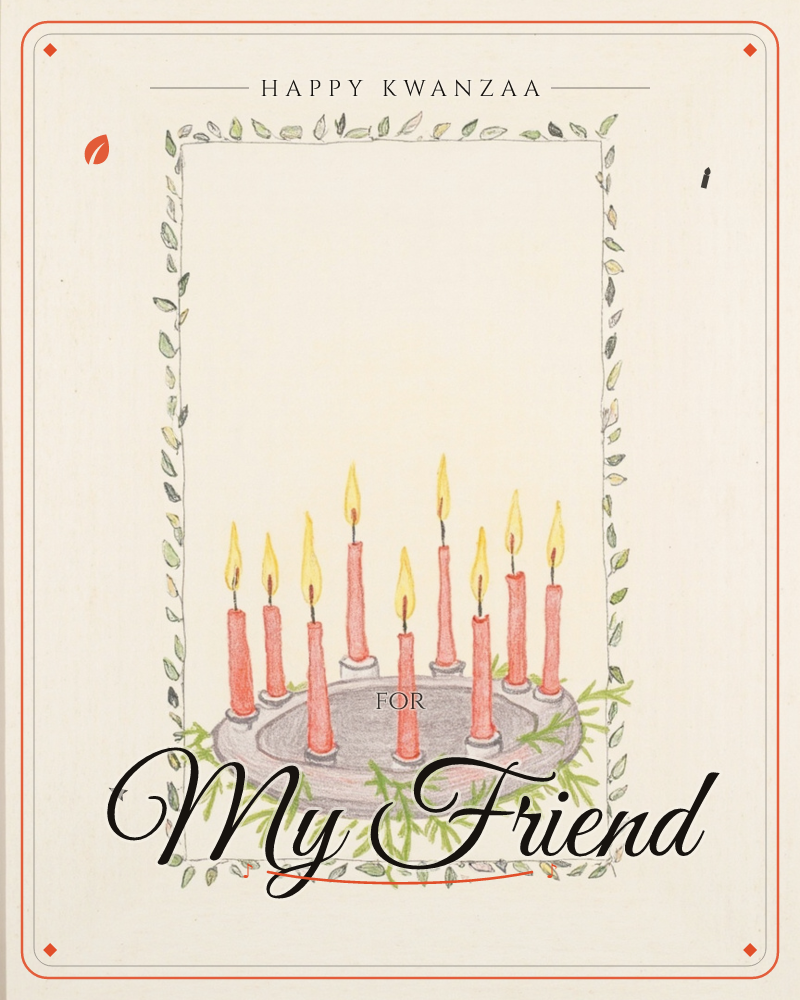 A row of nine slim red candles burns brightly atop a round grey holder ringed with sprigs of green pine, all set against soft cream paper, a kwanzaa e-card design