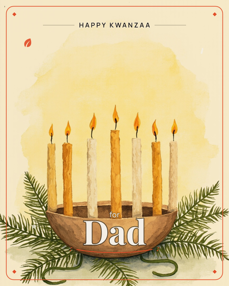 A row of seven lit candles, alternating amber and cream, stands in a round wooden bowl surrounded by pine sprigs, a kwanzaa e-card design