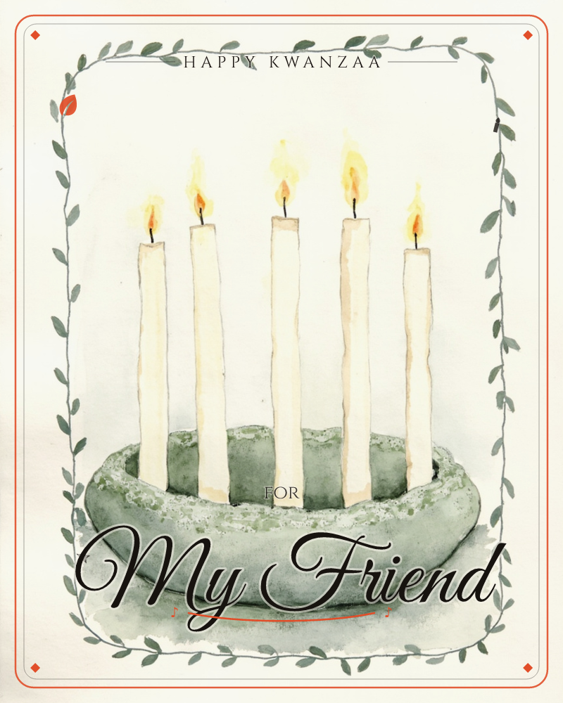 Five slim cream candles stand lit in a rounded sage-green stone bowl, their flames painted in soft washes of gold and orange against a plain cream…, a kwanzaa e-card design