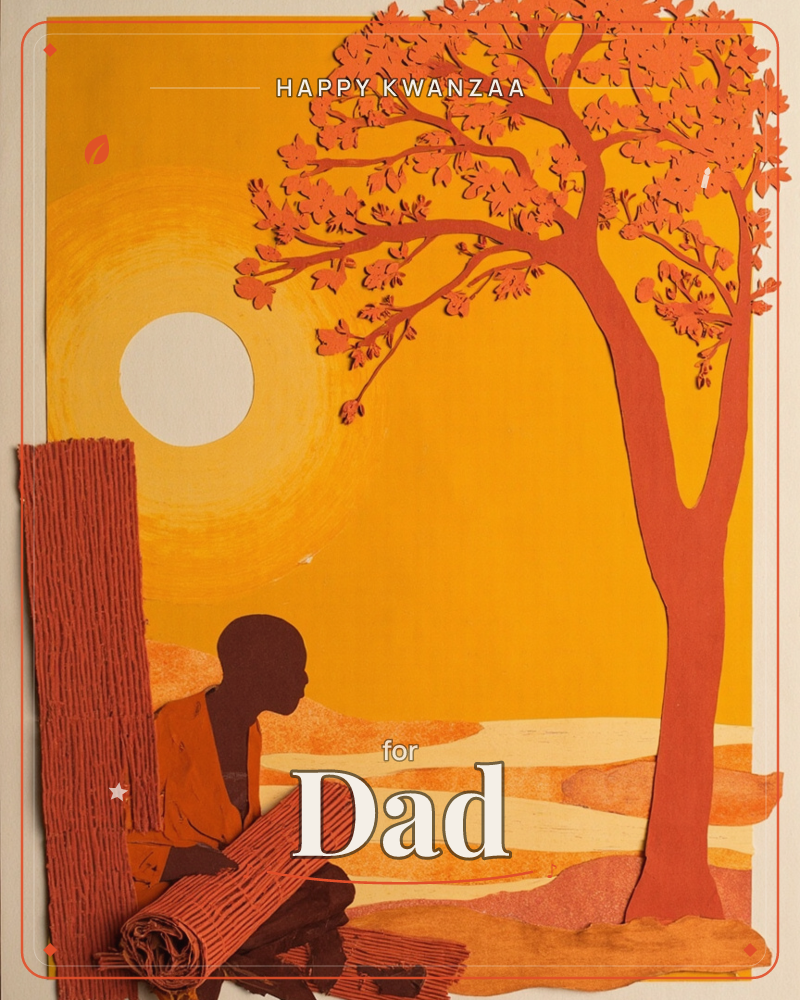 A layered paper-cut illustration in warm oranges shows a person sitting quietly beside a textured wall, gazing out toward a large tree and a pale sun…, a kwanzaa e-card design